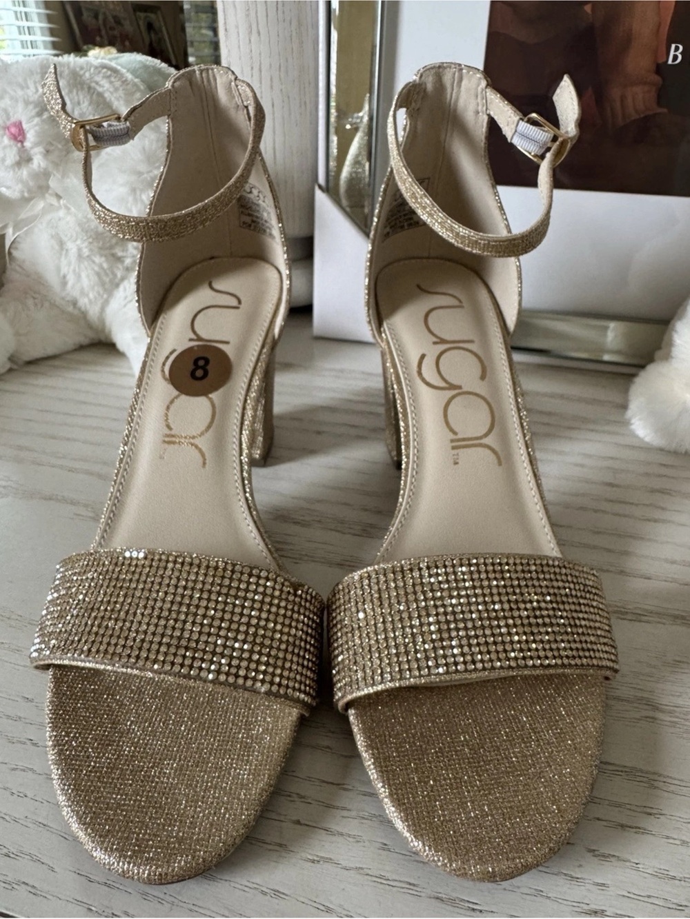 Sugar Gold Sparkle Block Heel Sandals with Ankle Strap Sz 8